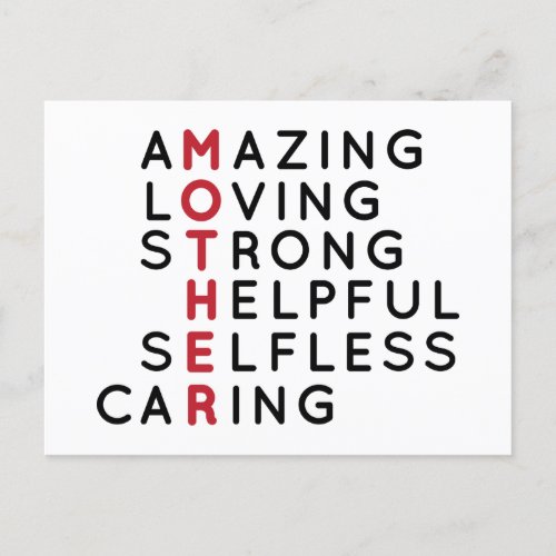 Amazing Loving Strong Helpful Selfless Caring Mom  Postcard