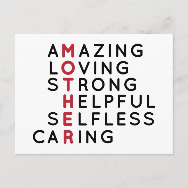 Amazing Loving Strong Helpful Selfless Caring Mom  Postcard (Front)