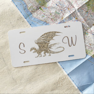 Amazing Mosaic Dragon Golden Monogram License Plate