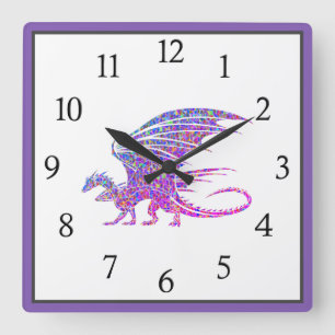 Amazing Mosaic Dragon Purple Black Numbers Square  Wall Clock