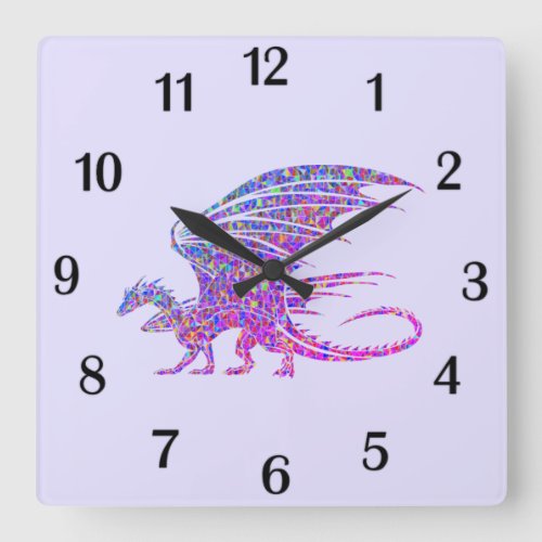 Amazing Mosaic Dragon Purple Black Numbers Square Wall Clock