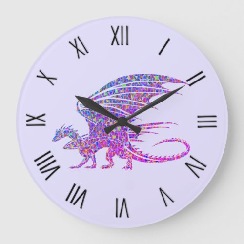 Amazing Mosaic Dragon Purple Roman Numerals Large Clock