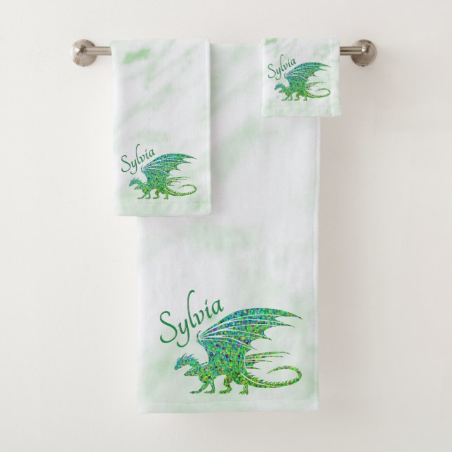 Amazing Mosaic Green Dragon Personal Bath Towel Set (Insitu)