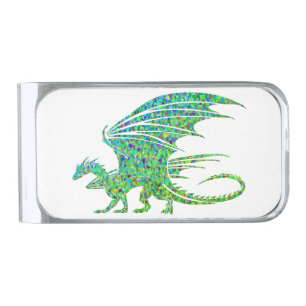 Amazing Mosaic Green Dragon Silver Finish Money Clip