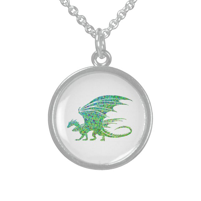 Amazing Mosaic Green Dragon Sterling Silver Necklace (Front)