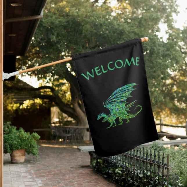 Amazing Mosaic Green Dragon Welcome  House Flag (In SItu)