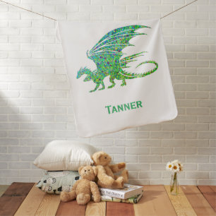 Amazing Mosaic Green Dragon with Name Baby Blanket