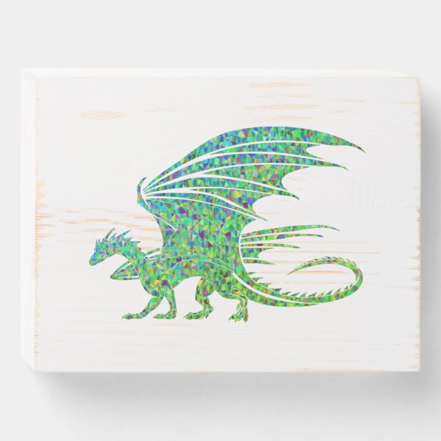 Amazing Mosaic Green Dragon Wooden Box Sign (Front Horizontal)