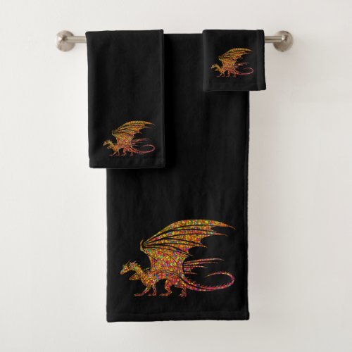 Amazing Mosaic Rustic Dragon on Black Bath Towel Set