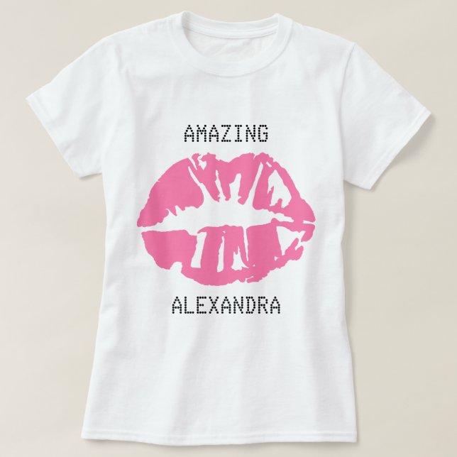 Amazing Name Kiss Lipstick Customized Girly Pink T-Shirt (Design Front)