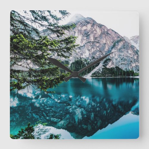 amazing nature blue lake in the mountains square wall clock