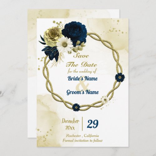 Amazing navy blue ivory floral gold wreath save the date
