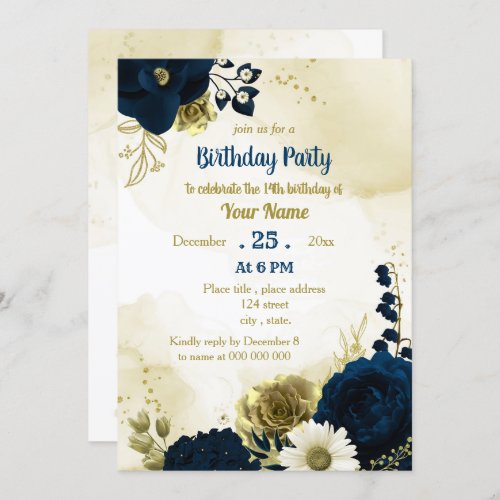 Amazing navy blue ivory flowers gold birthday  invitation