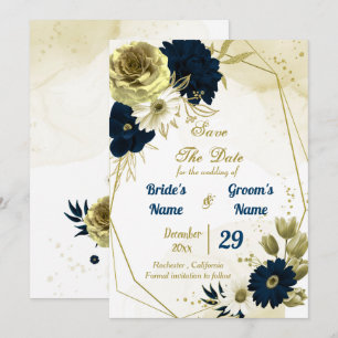 Amazing navy blue ivory flowers gold geometric save the date