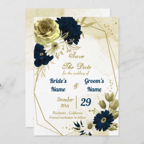 Amazing navy blue ivory flowers gold geometric save the date
