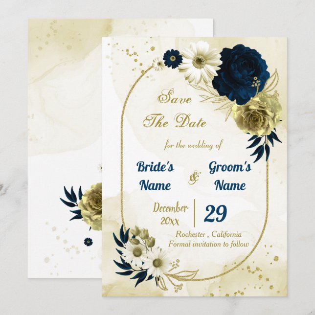 Amazing navy blue ivory flowers gold geometric save the date (Front/Back)