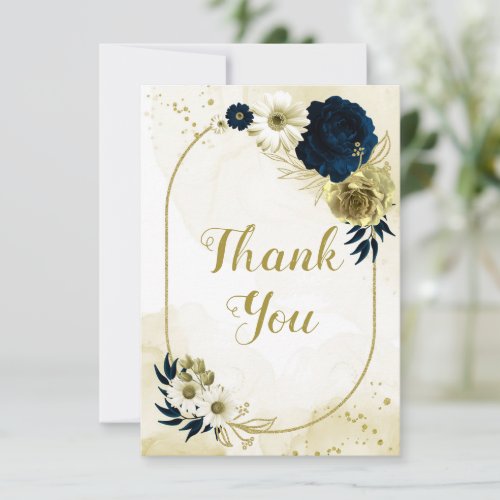 Amazing navy blue ivory flowers gold geometric thank you card