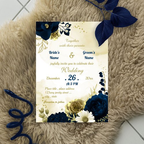 Amazing navy blue ivory flowers gold  invitation