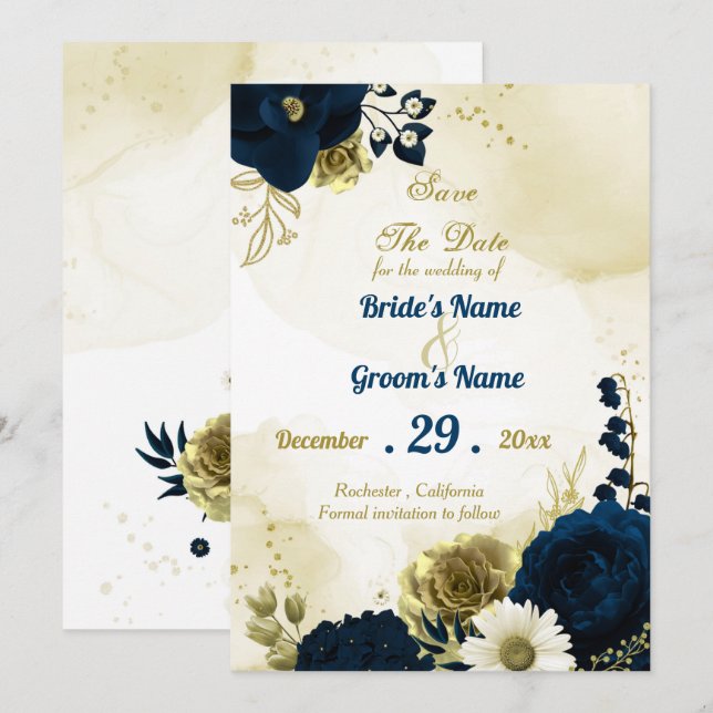 Amazing navy blue ivory flowers gold  save the date (Front/Back)