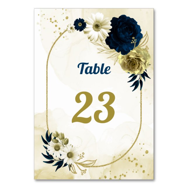Amazing navy blue ivory flowers gold table number (Front)