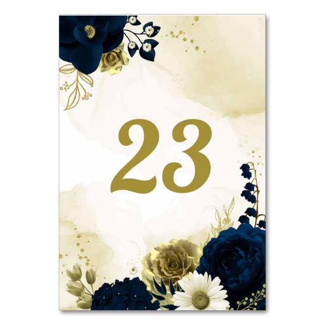 Amazing navy blue ivory flowers gold table number (Front)