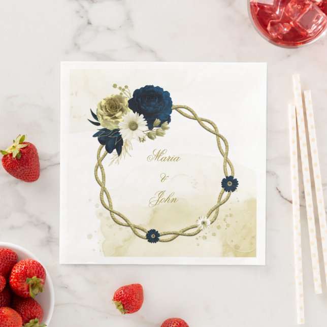 Amazing navy blue ivory gold floral wreath paper dinner napkins (Insitu)