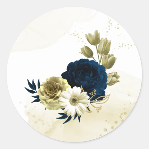 Amazing navy blue ivory gold flowers classic round sticker