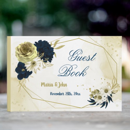 Amazing navy blue ivory gold flowers geometric guest book