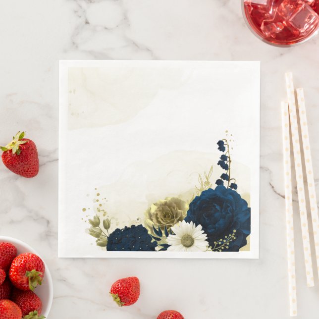 Amazing navy blue ivory gold flowers paper dinner napkins (Insitu)
