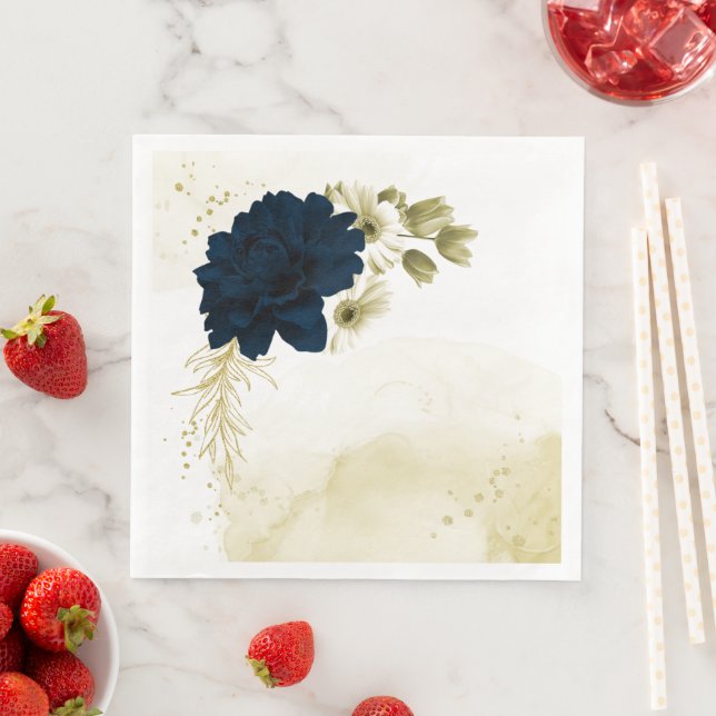 Amazing navy blue ivory gold flowers paper dinner napkins (Insitu)
