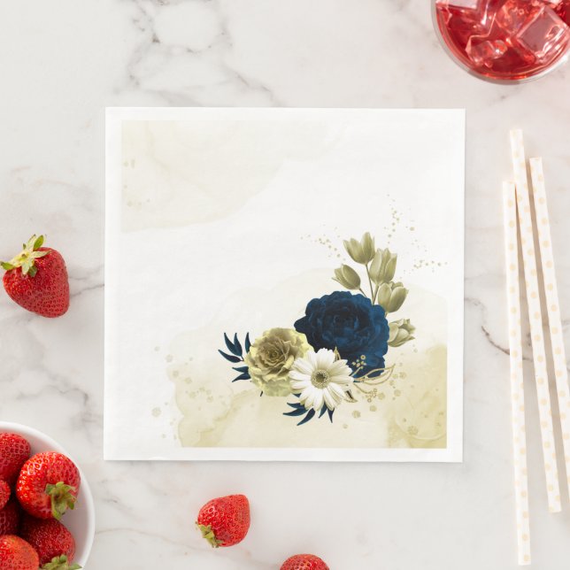 Amazing navy blue ivory gold flowers  paper dinner napkins (Insitu)