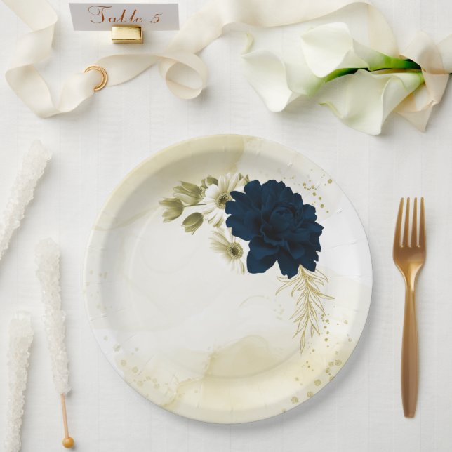 Amazing navy blue ivory gold flowers paper plates (Wedding)