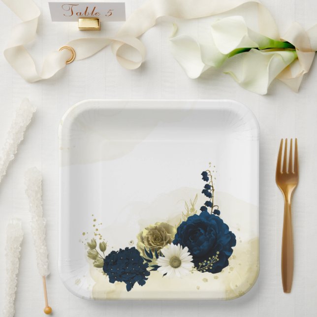 Amazing navy blue ivory gold flowers paper plates (Wedding)
