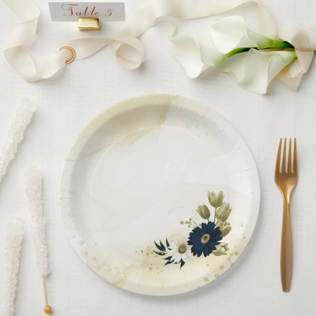 Amazing navy blue ivory gold flowers paper plates (Wedding)