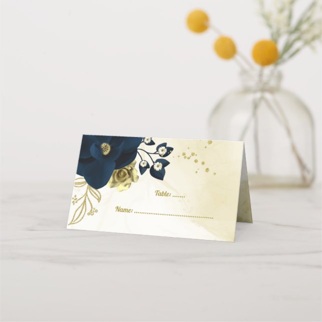 Amazing navy blue ivory gold flowers place card (Front)