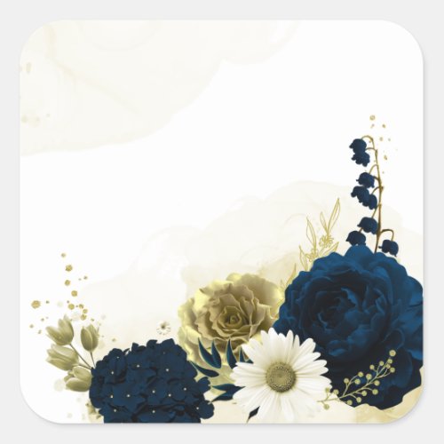 Amazing navy blue ivory gold flowers square sticker
