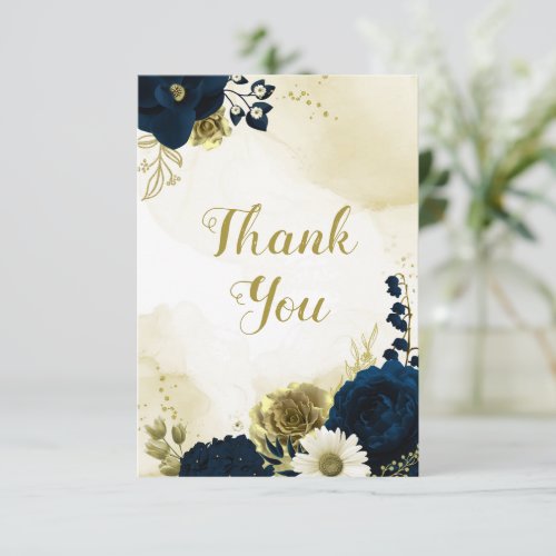 Amazing navy blue ivory gold flowers  thank you card