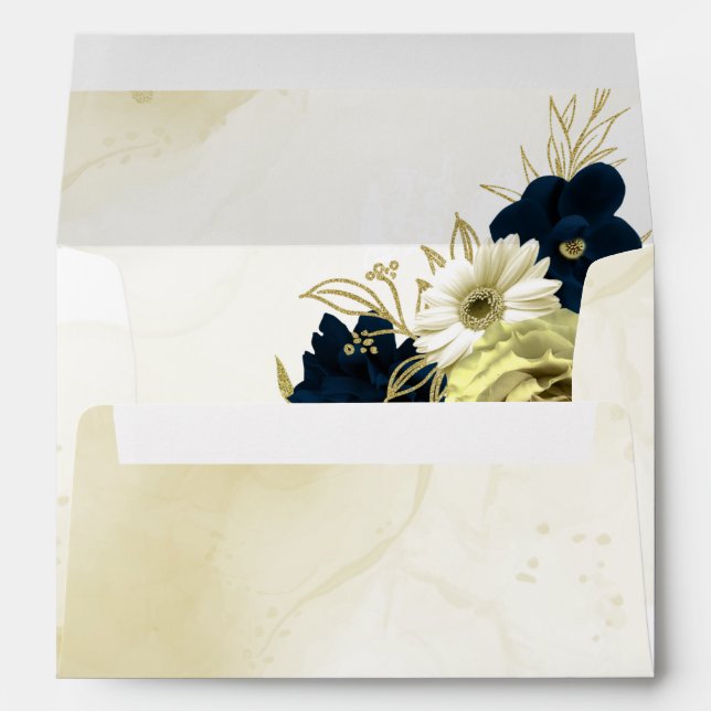 Amazing navy blue ivory gold flowers wedding envelope (Back (Bottom))