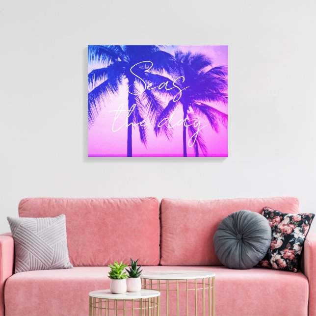 Amazing neon pink sunset palm tree ocean view canvas print (Insitu(LivingRoom))
