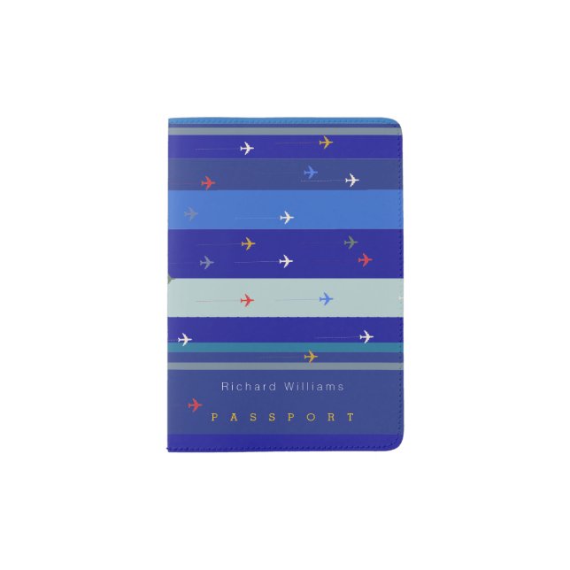amazing pattern of airplanes & blue stripes on passport holder (Front)