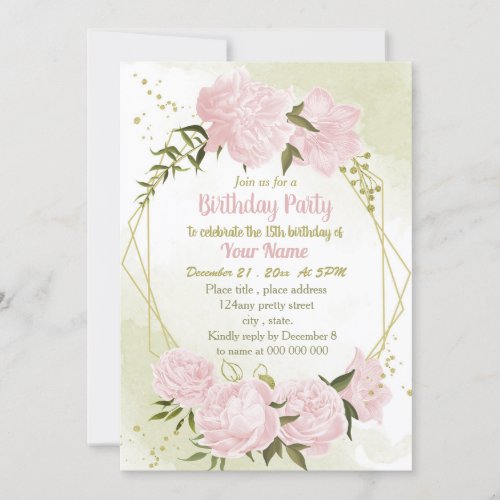  amazing pink flowers geometric birthday party invitation