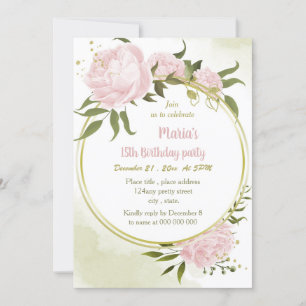 amazing pink flowers gold wreath birthday party invitation