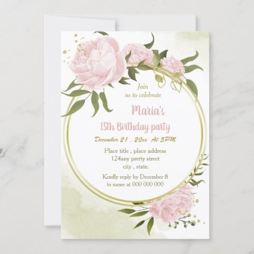  amazing pink flowers gold wreath birthday party invitation