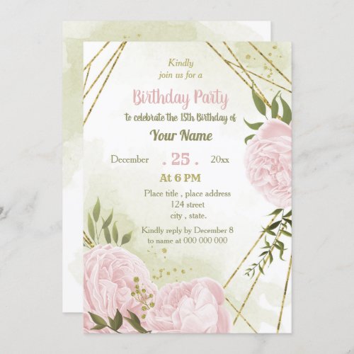 amazing pink flowers greenery birthday party invitation