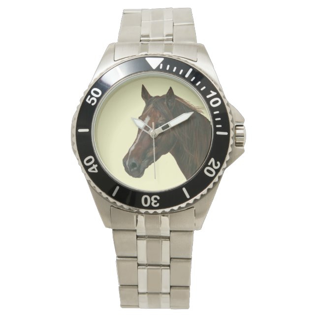 amazing portait of chestnut mare brown horse watch (Front)