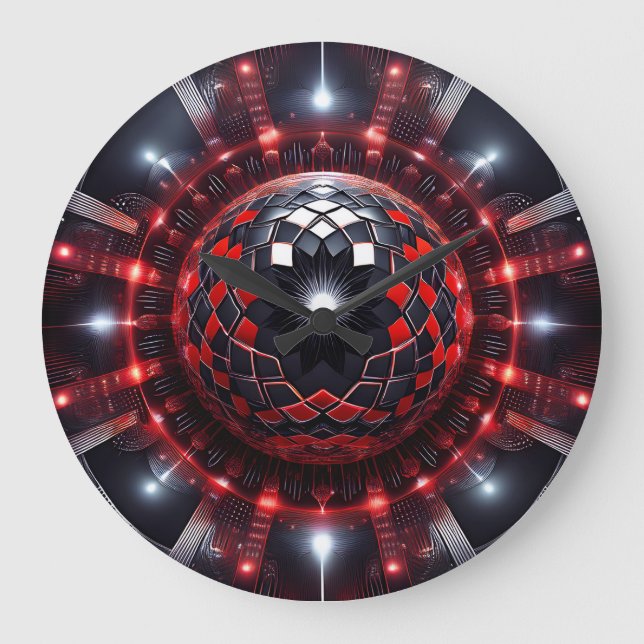 Amazing Red/Black Checkered Mandelbrot Starbursts Large Clock (Front)
