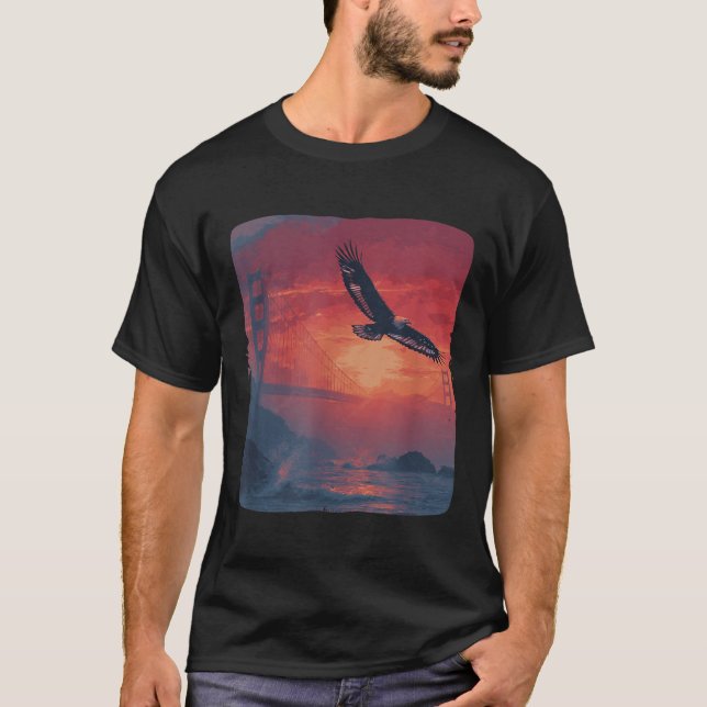 Amazing Red Sunset With Bridge And Patriotic Eagle T-Shirt (Front)