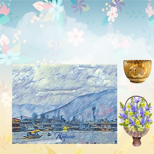 Amazing Scenery Hillock Nature Clouds Boat in Lake Outdoor Rug