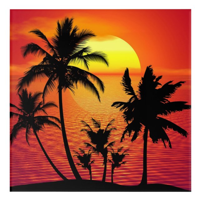 Amazing sunset with palms on tropical beach acrylic print (Front)