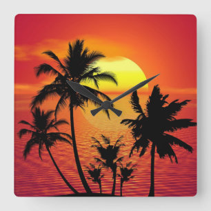 Amazing sunset with palms on tropical beach square wall clock